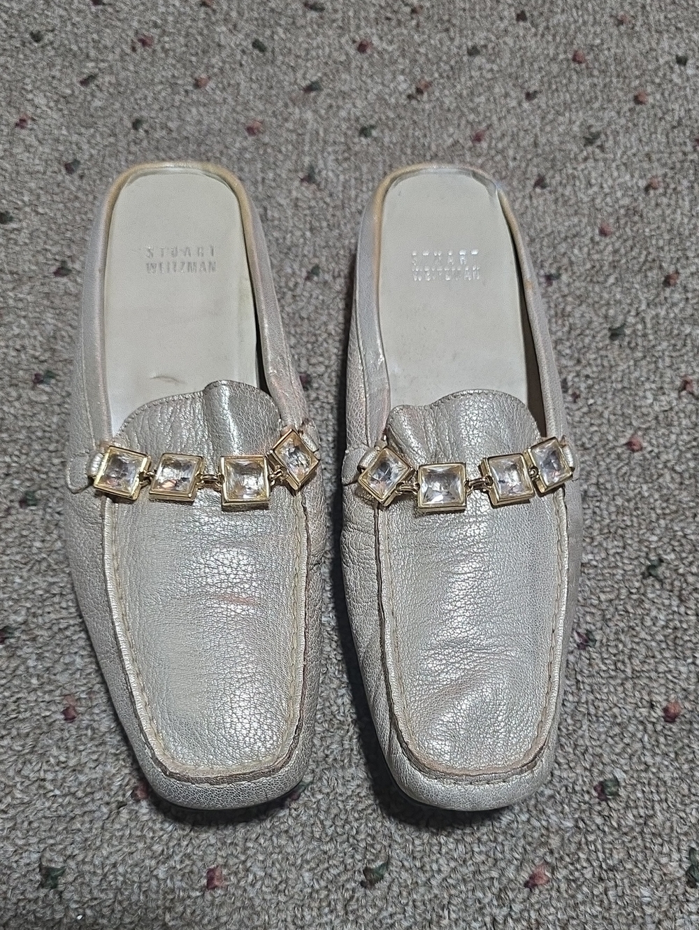 Stuart Weitzman Metallic Gold Leather Mules with Crystal Chain